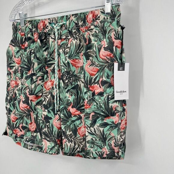 NWT Goodfellow and Co Swim Trunk Tropical Flamingo Print Green Mens Size Medium - Picture 3 of 9